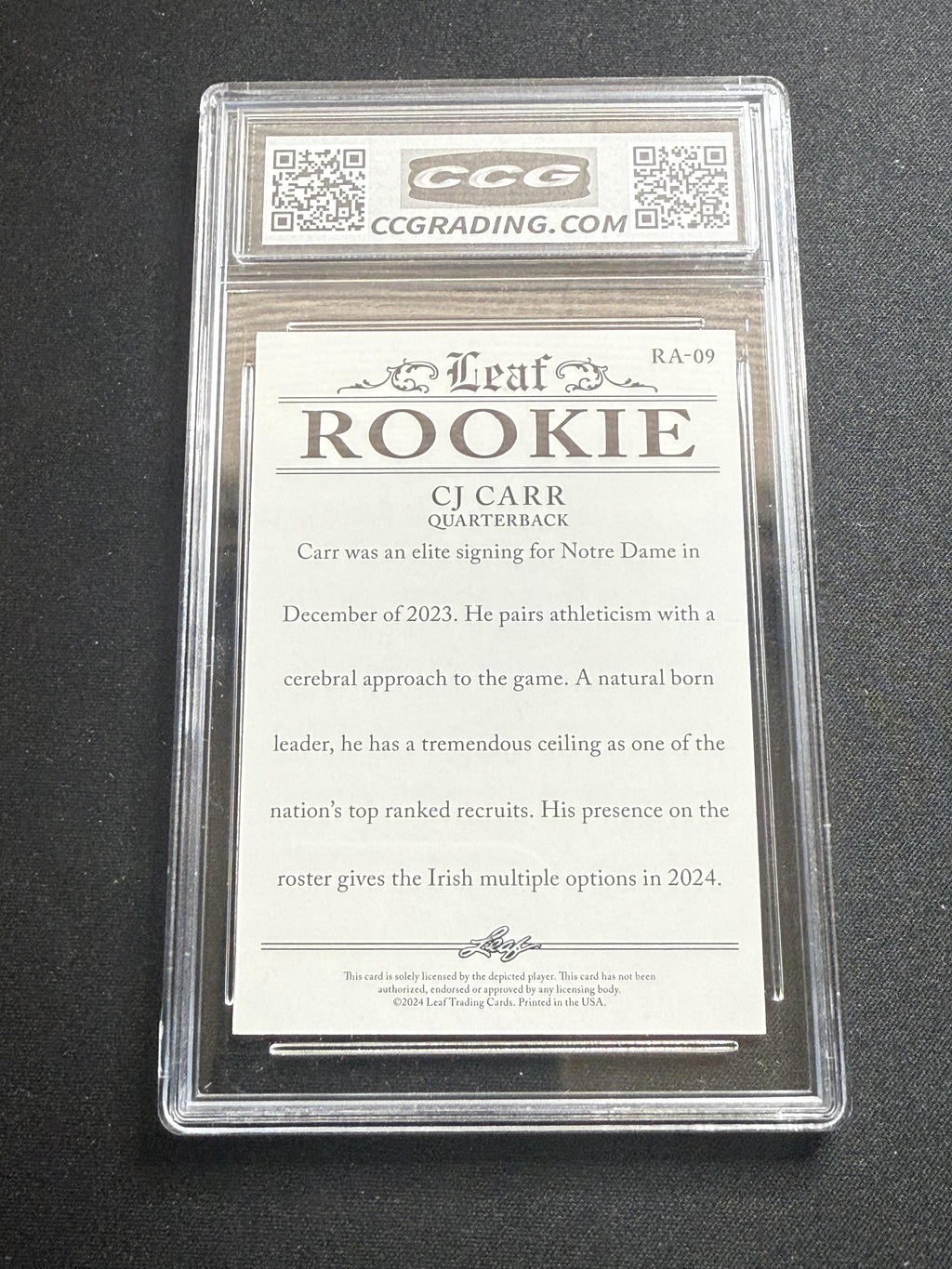 CJ Carr 2024 Leaf Rookie Achievement CCG 10 Notre Dame Rookie