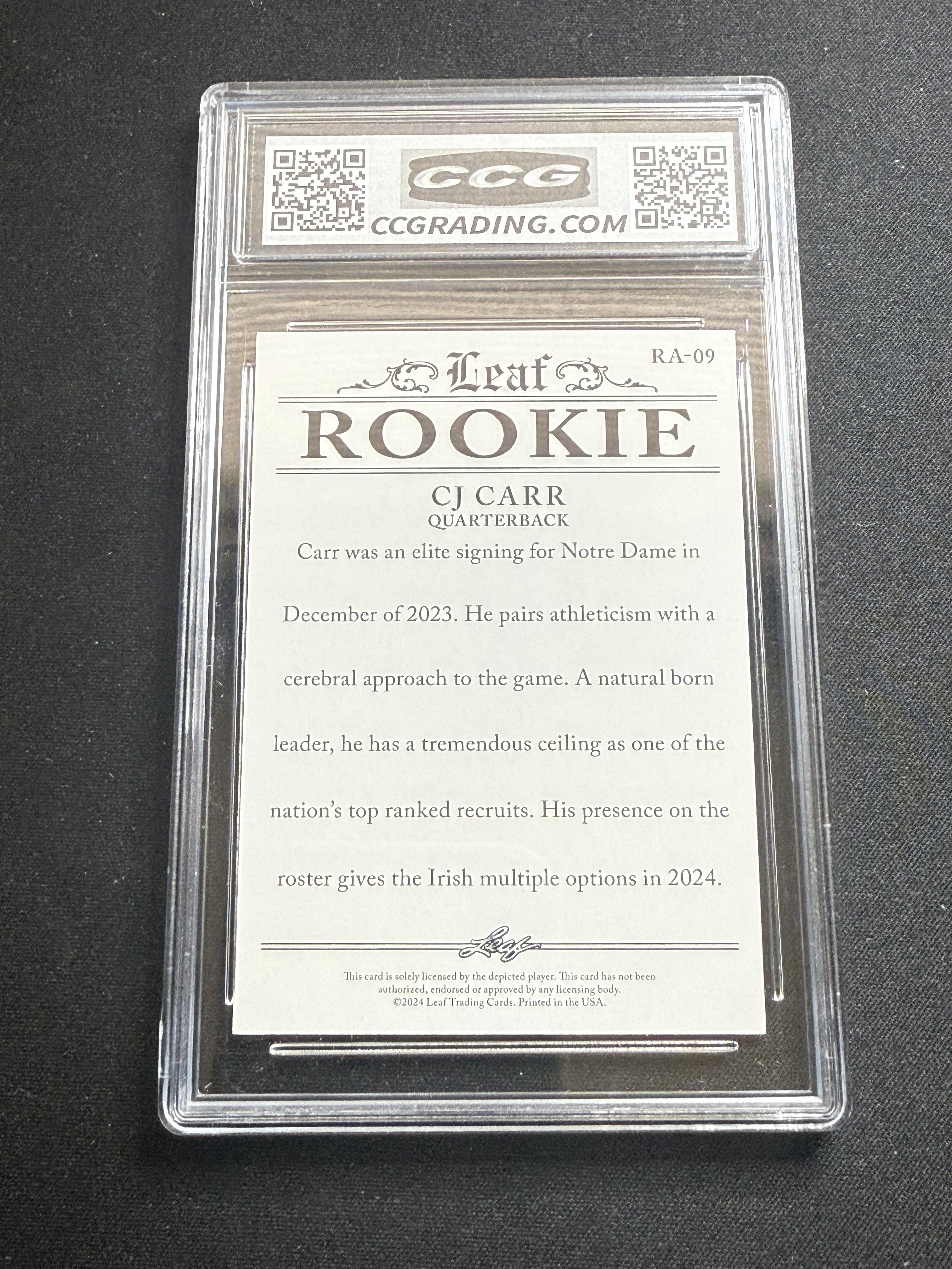 CJ Carr 2024 Leaf Rookie Achievement CCG 10 Notre Dame Rookie