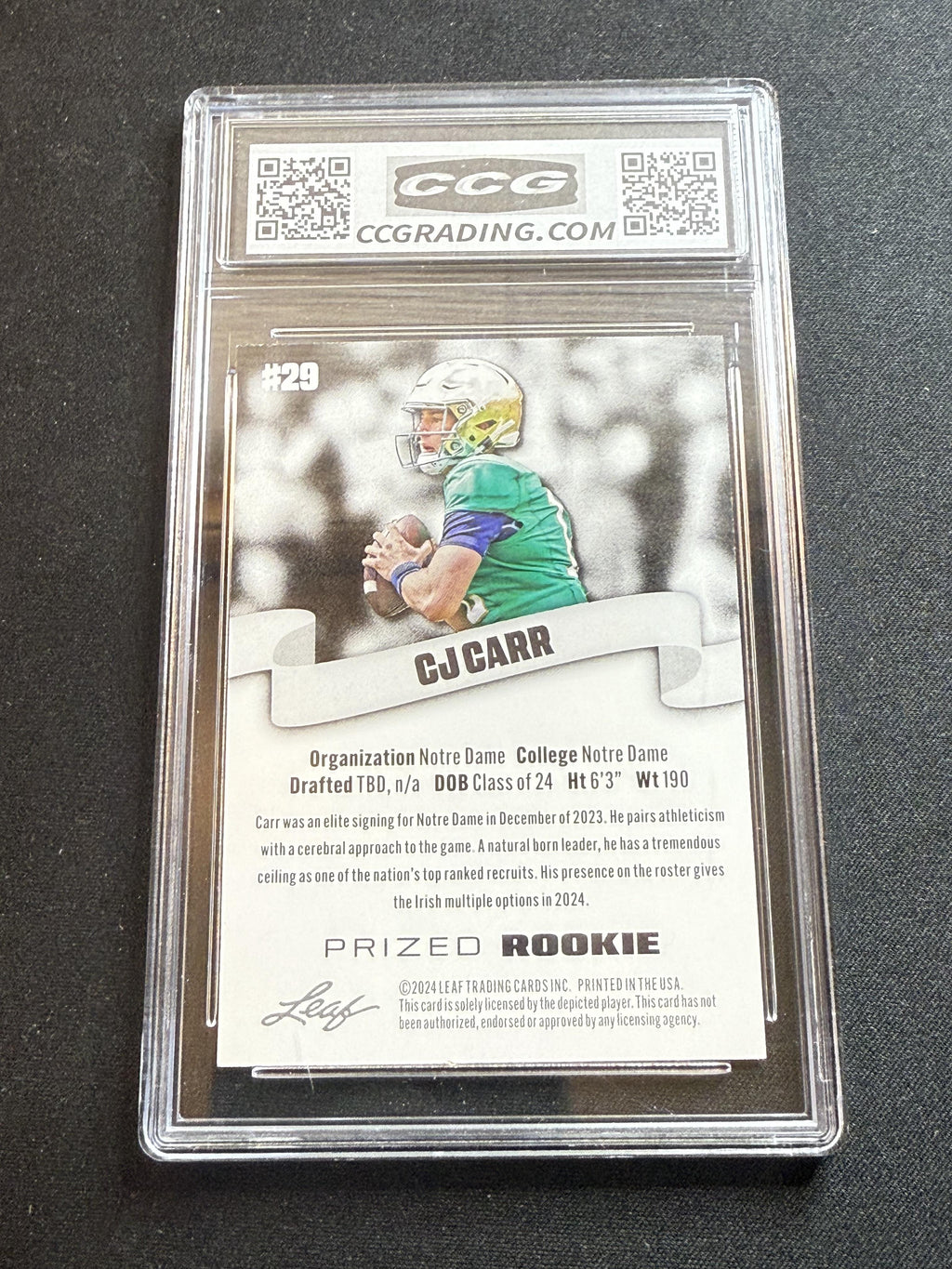 CJ Carr 2024 Leaf Prized Rookie CCG 10 Notre Dame Rookie
