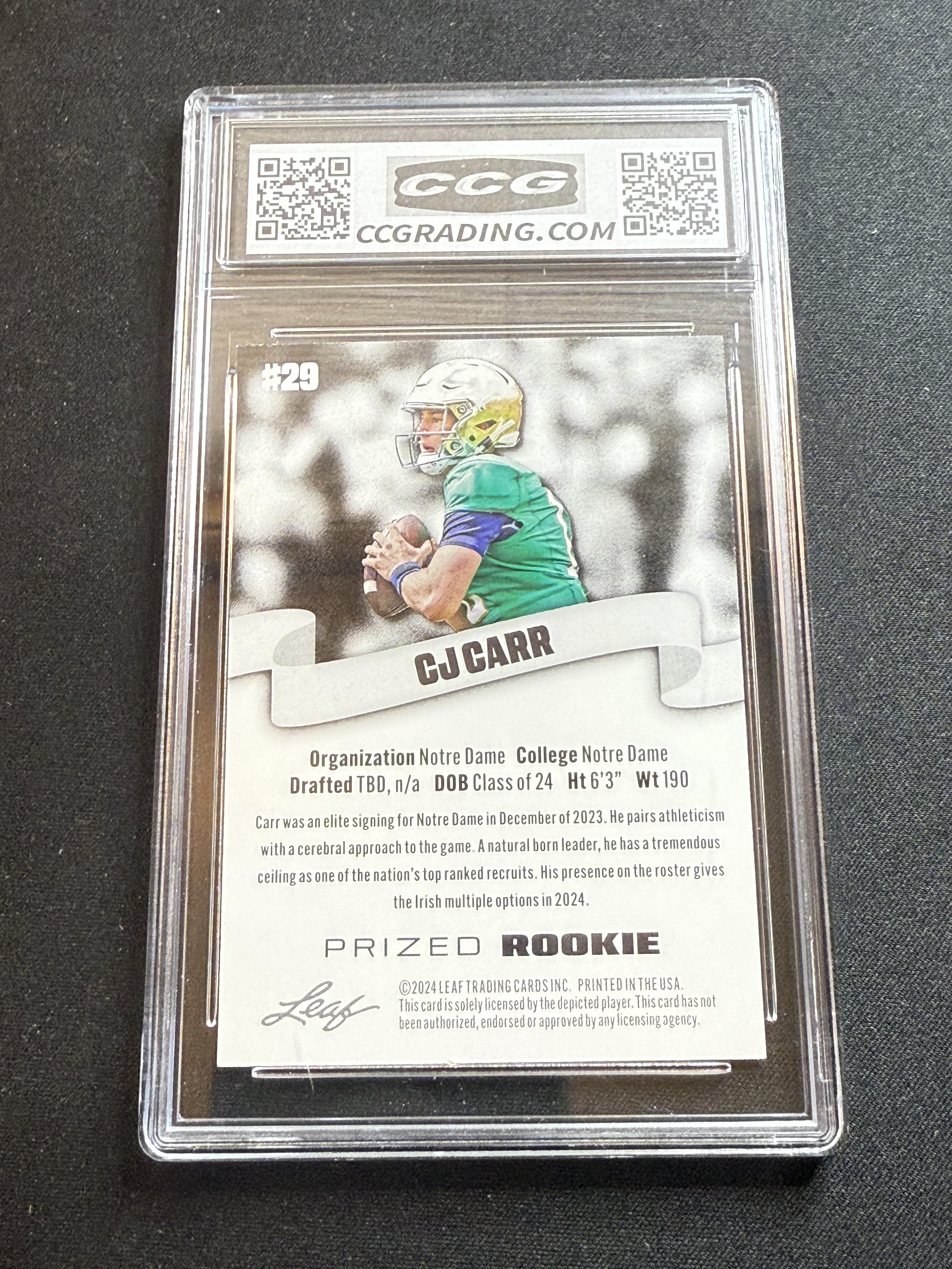 CJ Carr 2024 Leaf Prized Rookie CCG 10 Notre Dame Rookie