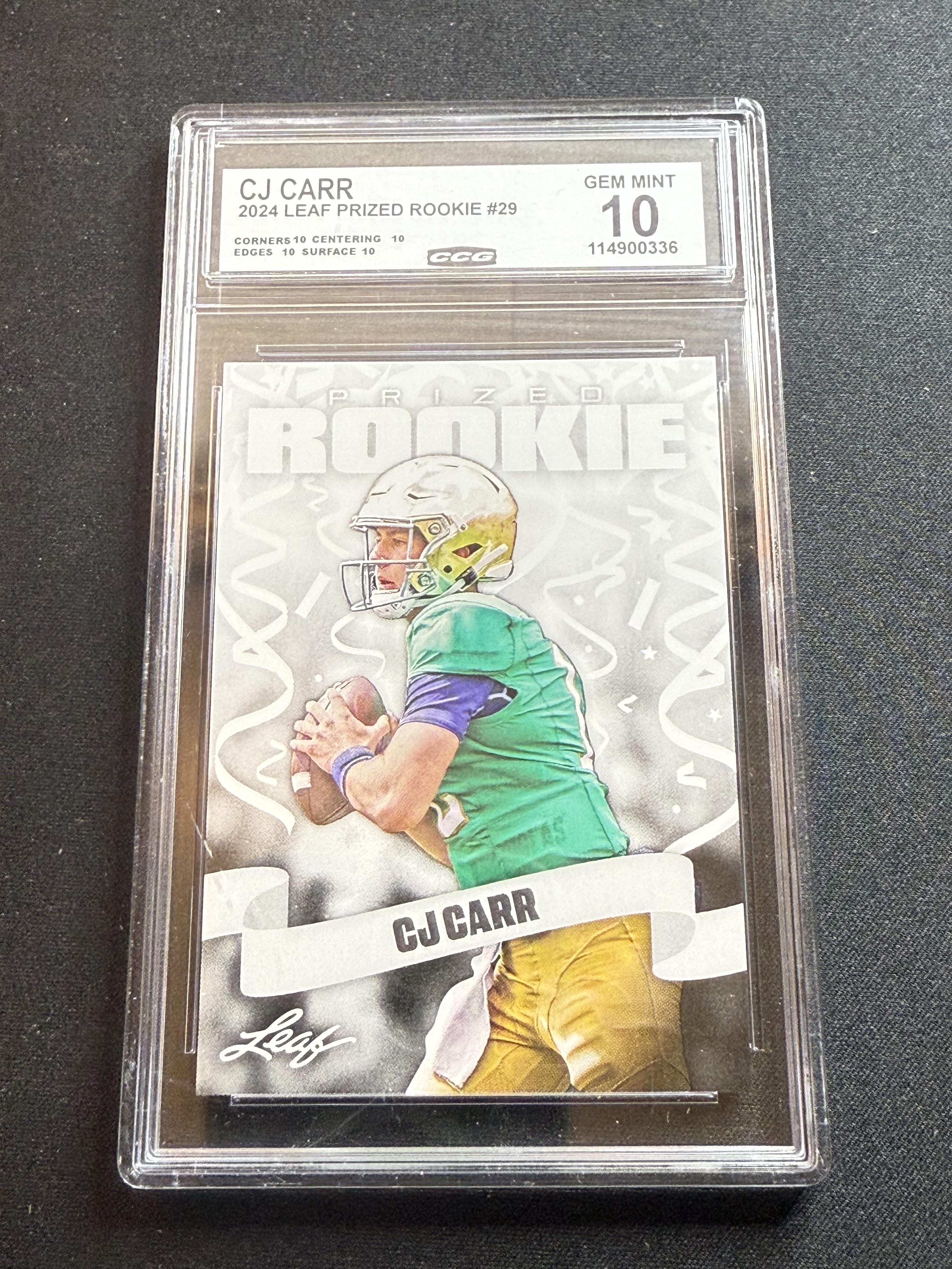 CJ Carr 2024 Leaf Prized Rookie CCG 10 Notre Dame Rookie