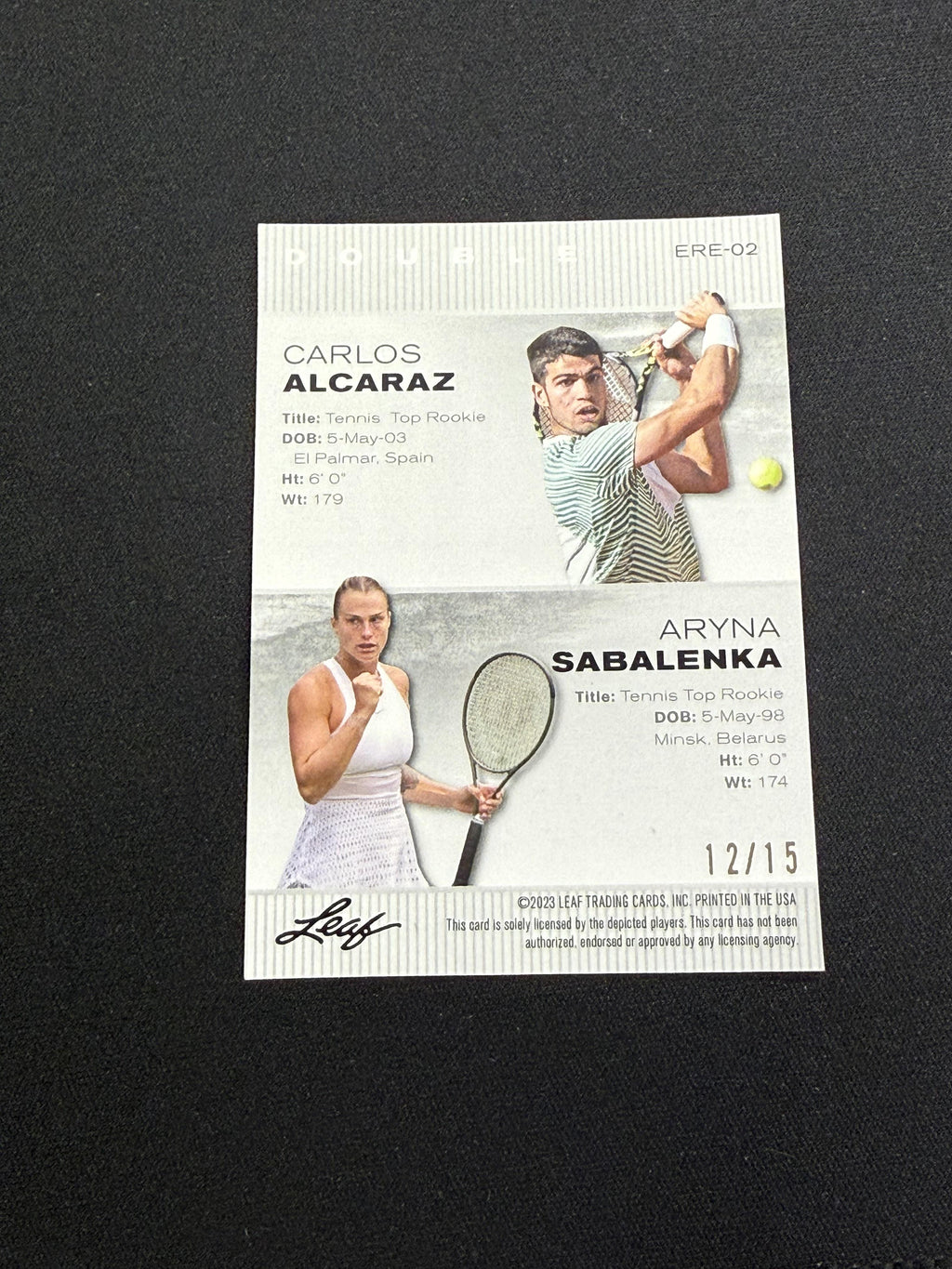 Carlos Alcaraz / Aryna Sabalenka 2023 Leaf Dual Metal Purple /15 RC