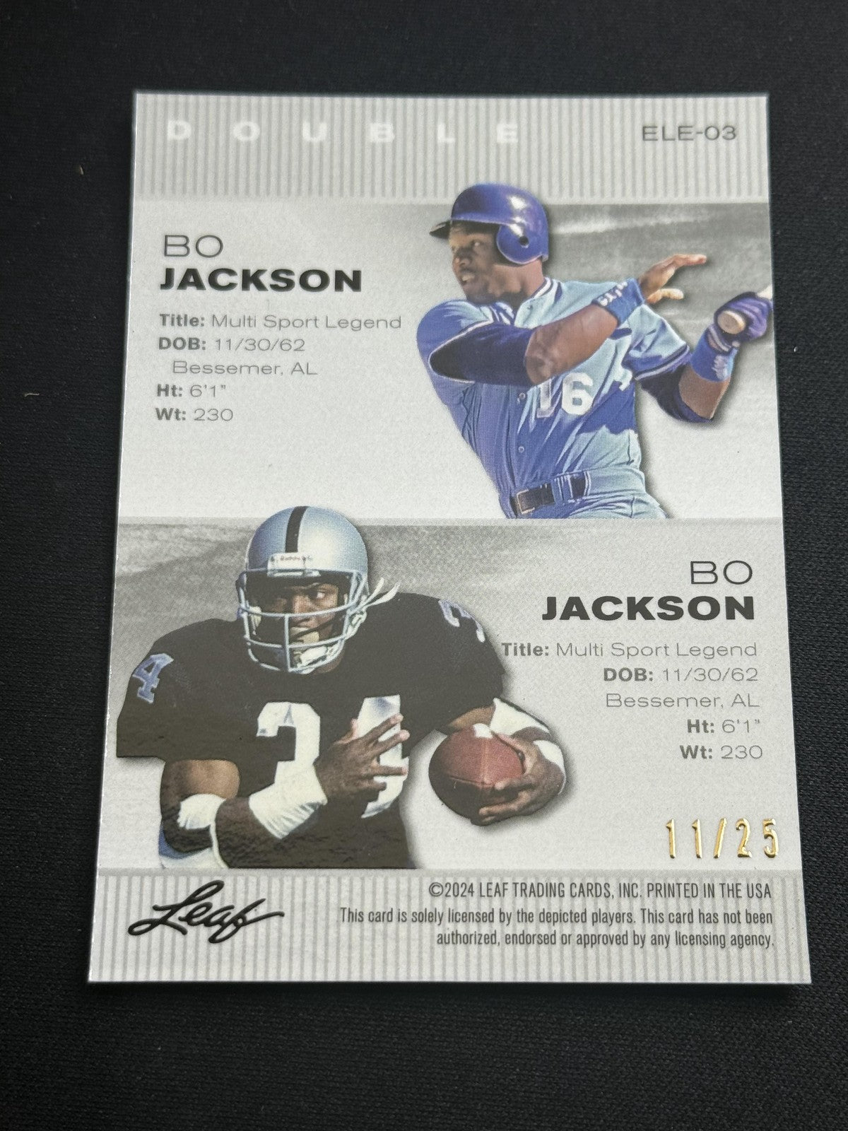 Bo Jackson 2024 Leaf Metal Dual /25 RC Royals Raiders