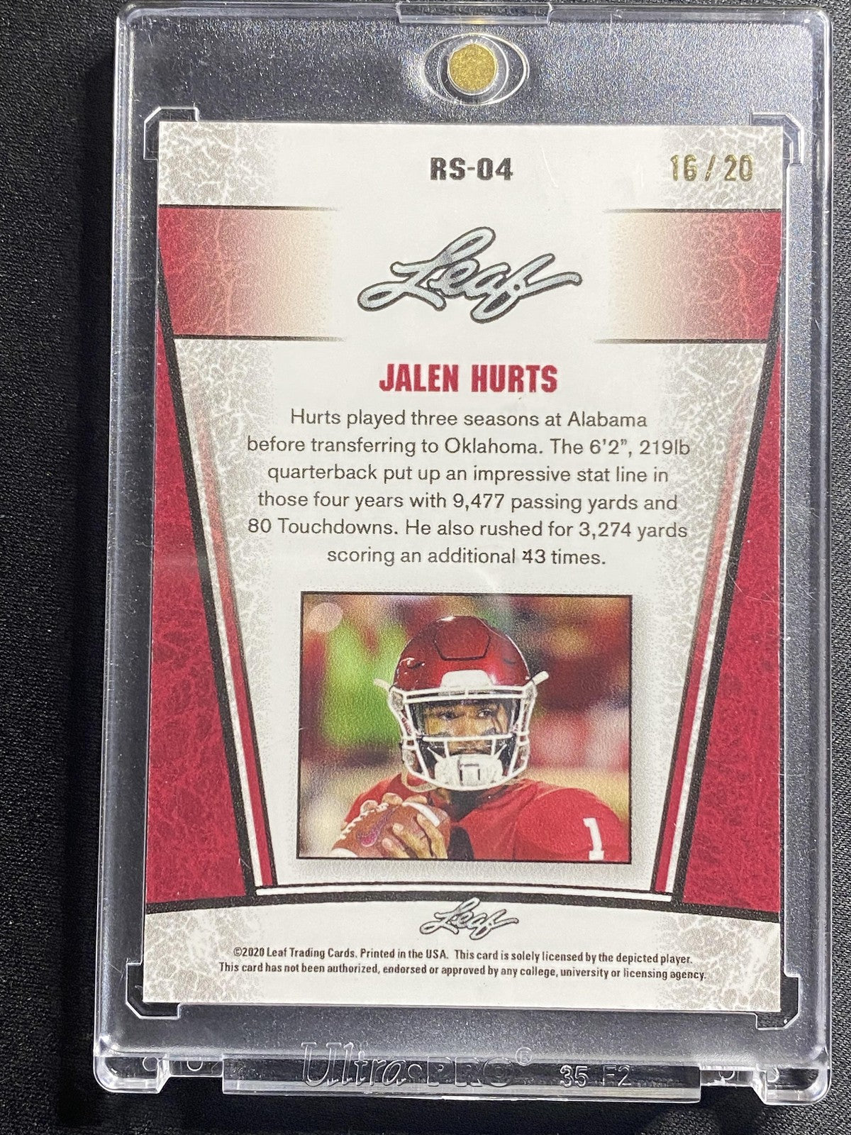 Jalen Hurts 2020 Leaf Metal Rookie RS04 Blue /20 RC