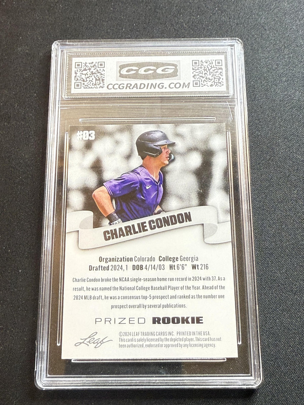 Charlie Condon 2024 Leaf Prized Rookie CCG 10 Rockies Rookie