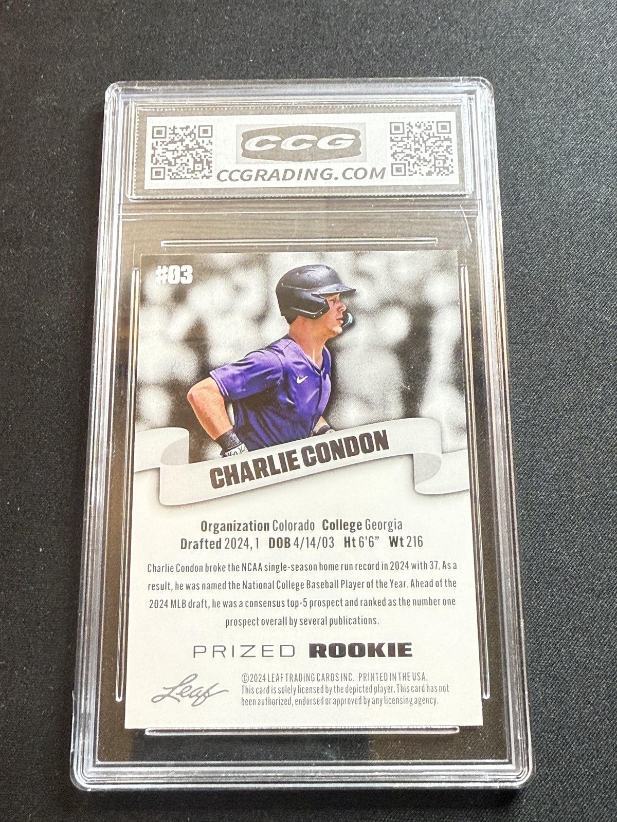 Charlie Condon 2024 Leaf Prized Rookie CCG 10 Rockies Rookie