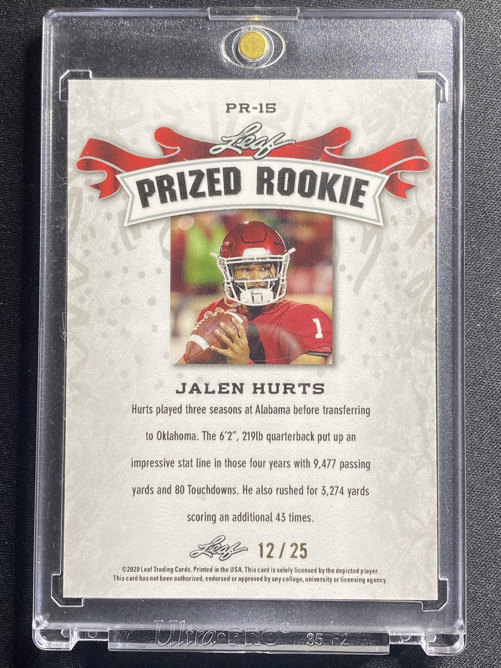 Jalen Hurts 2020 Leaf Prized Metal Rookie PR15 /25 RC