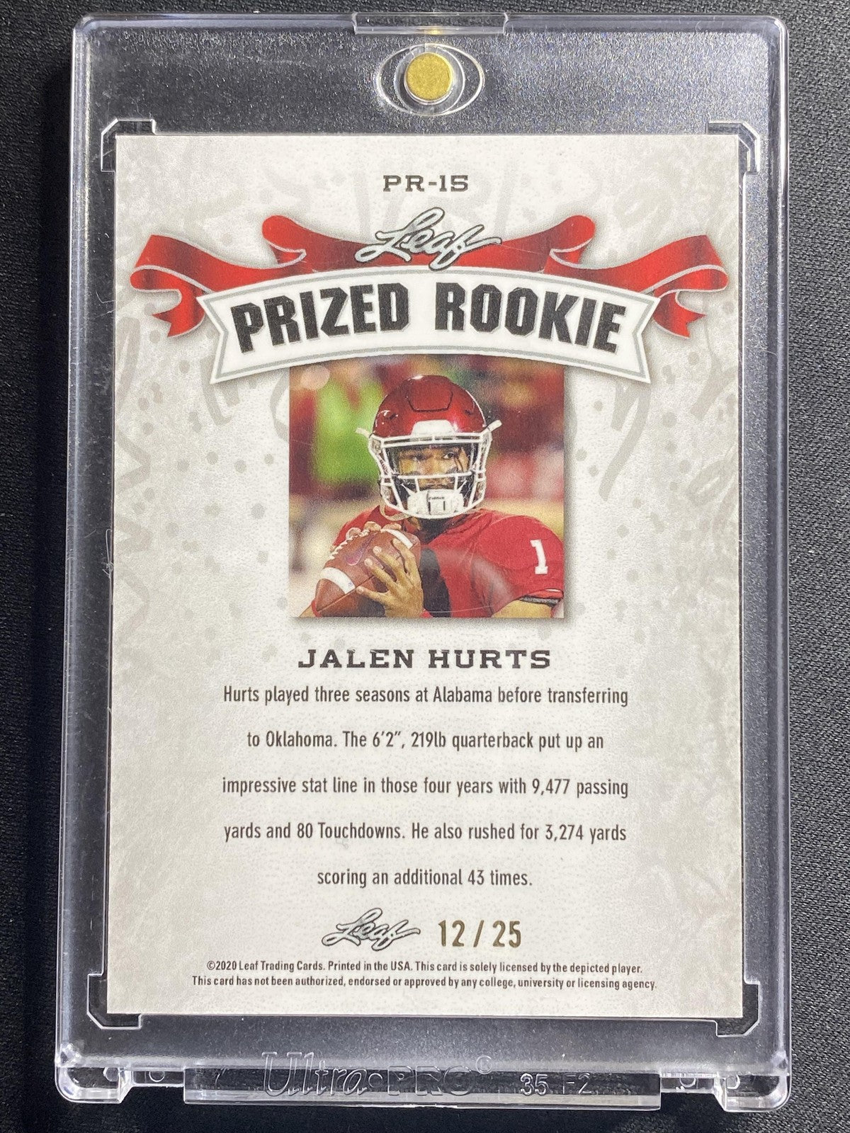 Jalen Hurts 2020 Leaf Prized Metal Rookie PR15 /25 RC