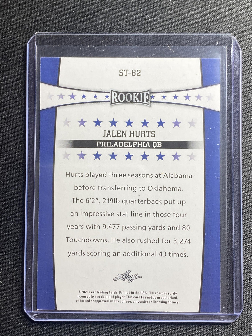 Jalen Hurts 2020 Leaf Rookies & Stars ST82 /25 RC