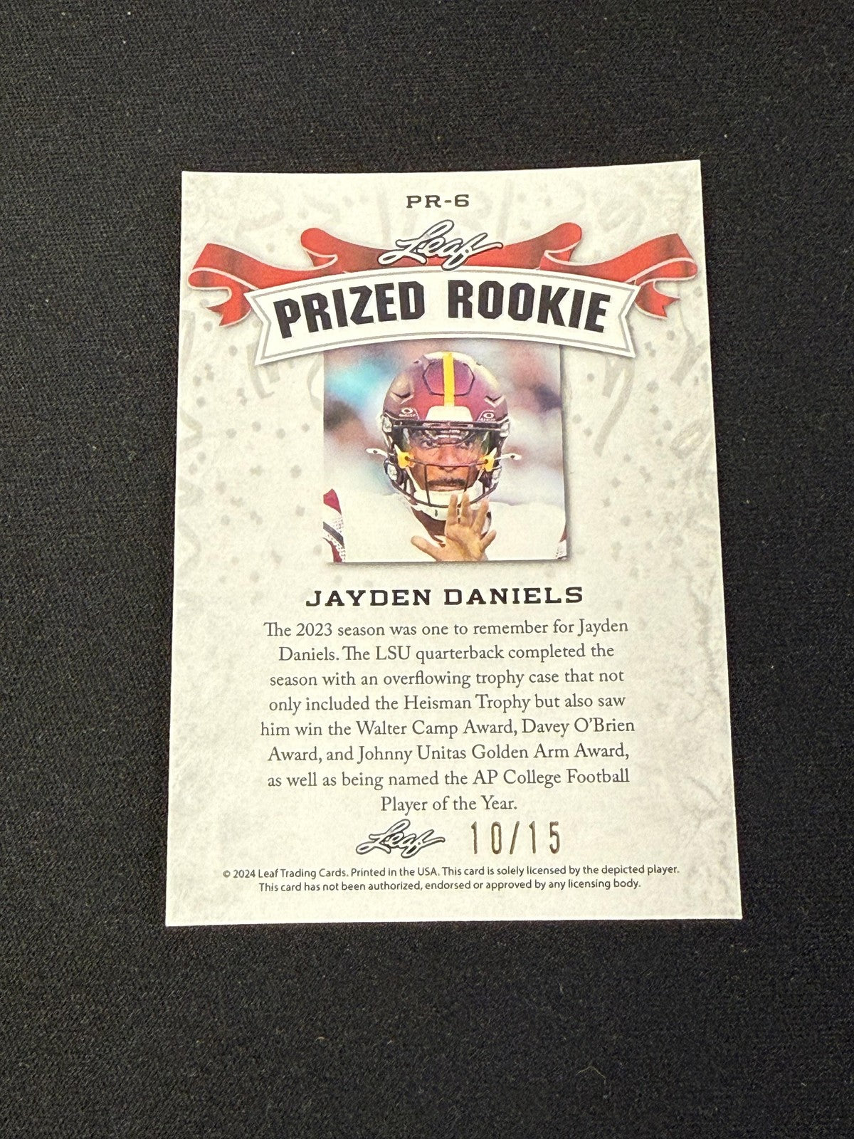 Jayden Daniels 2024 Leaf Prized Metal Rookie Purple /15 RC Washington Commanders