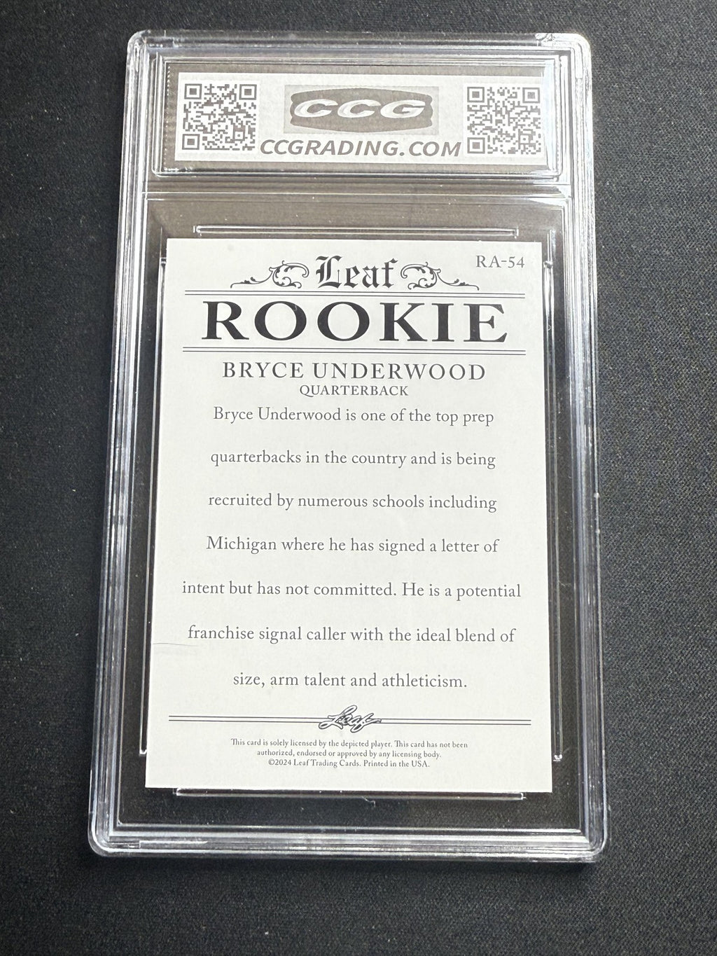 Bryce Underwood 2024 Leaf Rookie Achievement CCG 10 Michigan Rookie