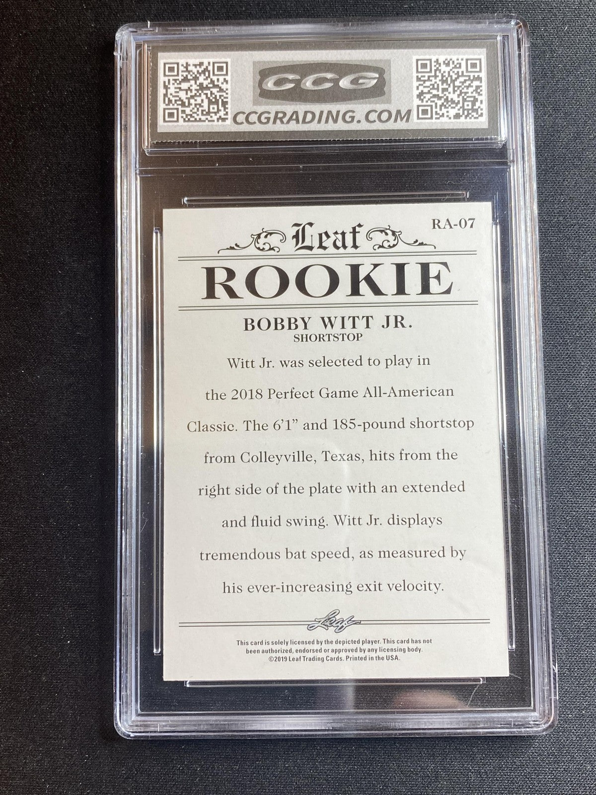 Bobby Witt Jr. 2019 Leaf Rookie Achievement RA07 CCG 10 RC