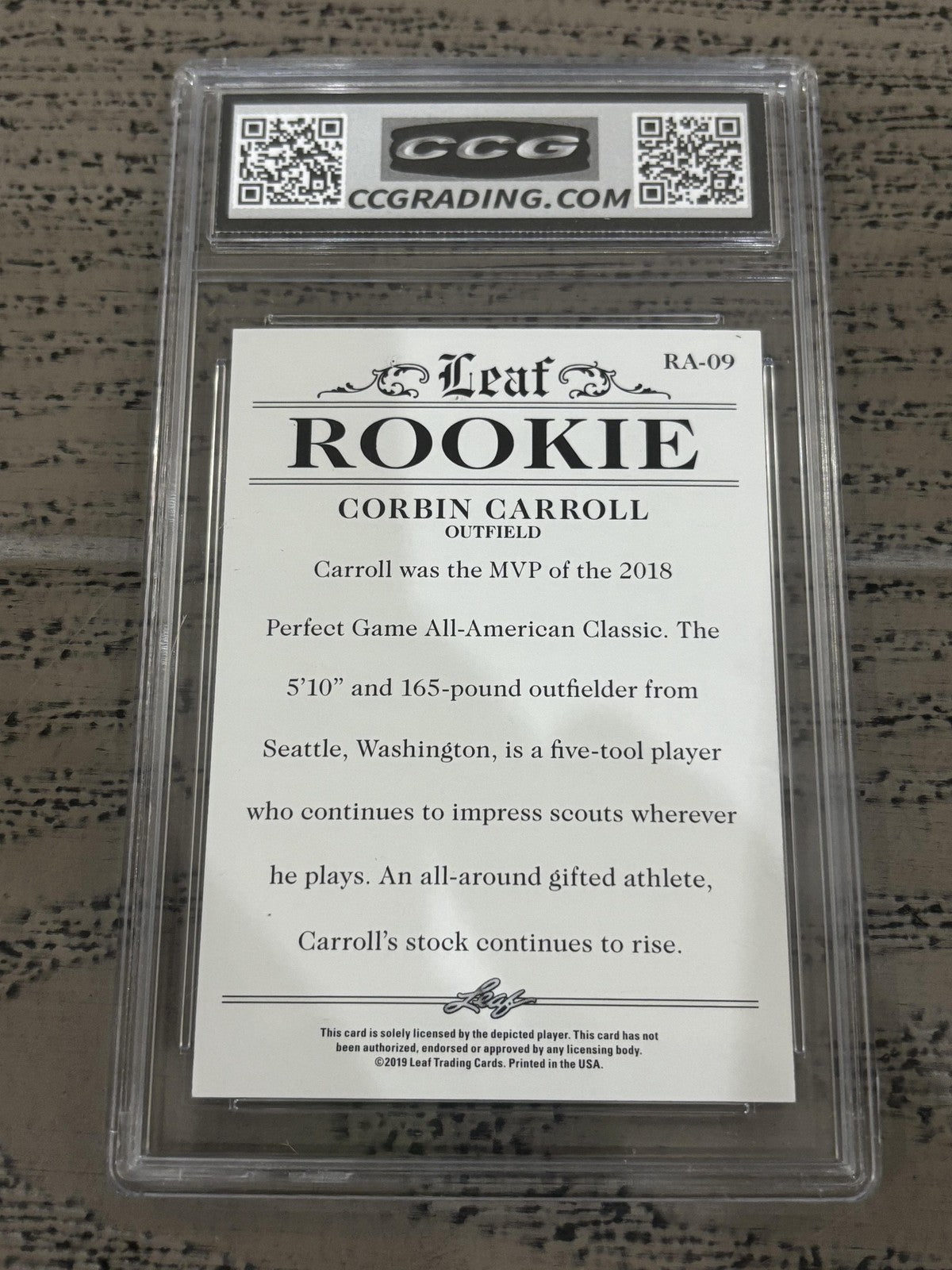 Corbin Carroll 2019 Leaf Rookie Achievement CCG 10 RC