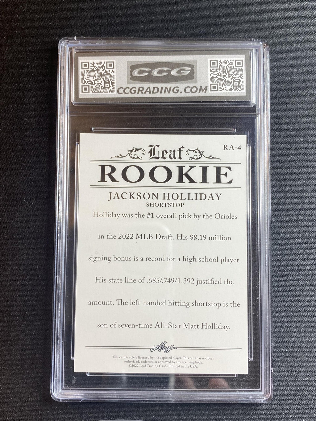 Jackson Holliday 2022 Leaf Rookie Achievement RA4 CCG 10 RC