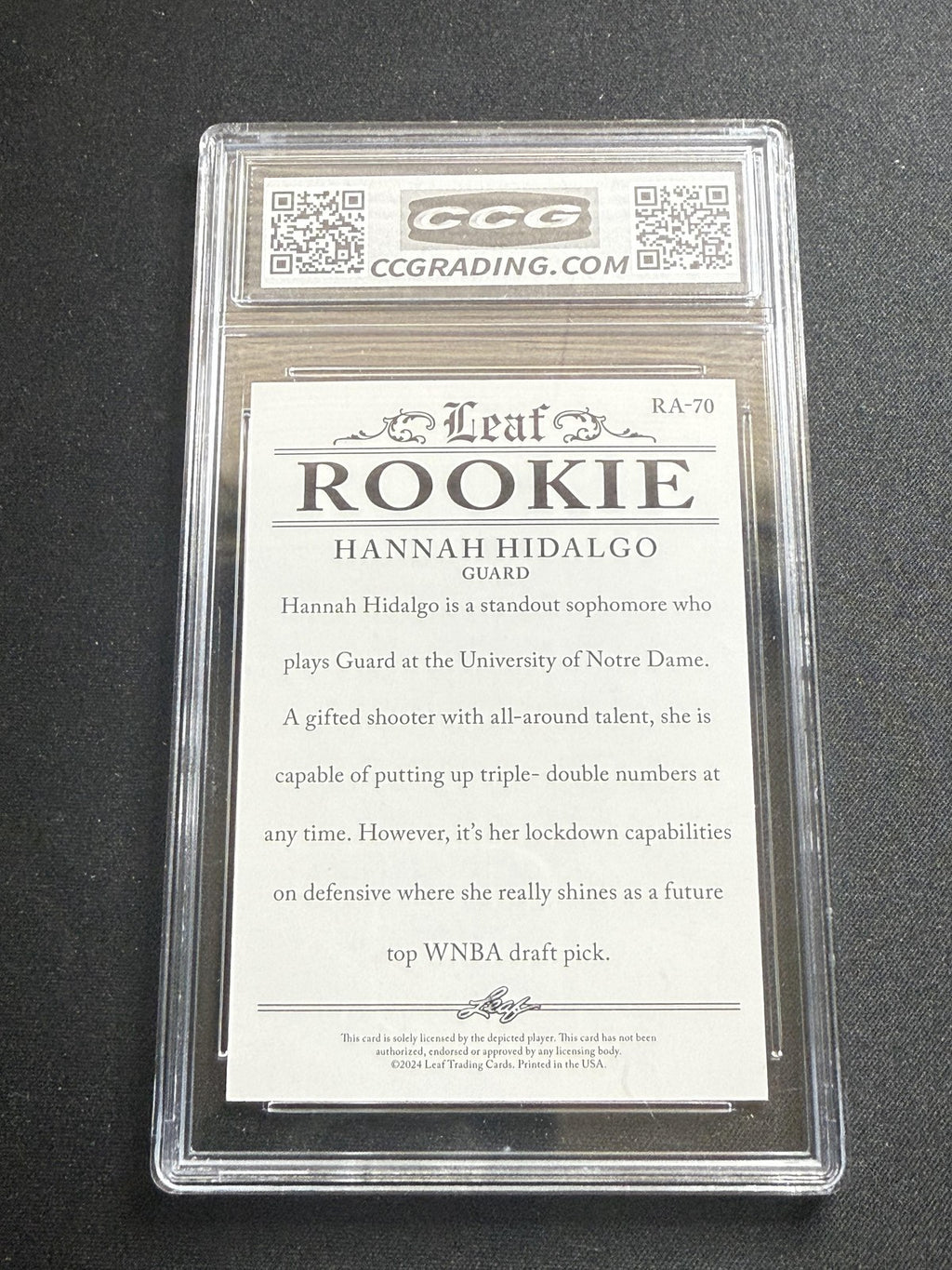 Hannah Hidalgo 2024 Leaf Rookie Achievement CCG 10 Notre Dame Rookie
