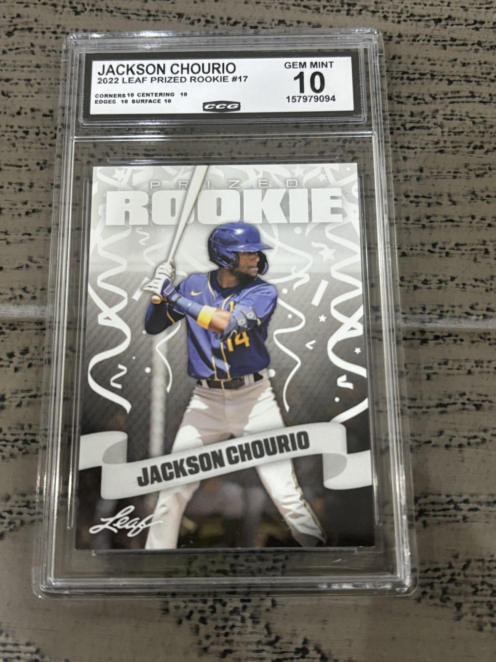 Jackson Chourio 2022 Leaf Prized Rookie CCG 10 RC