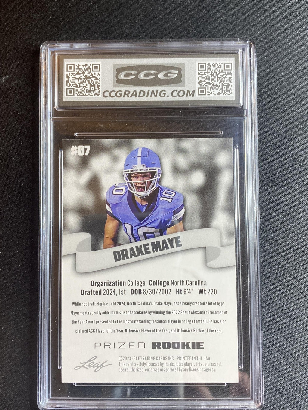 Drake Maye 2023 Leaf Prized Rookie 7 CCG 10 RC