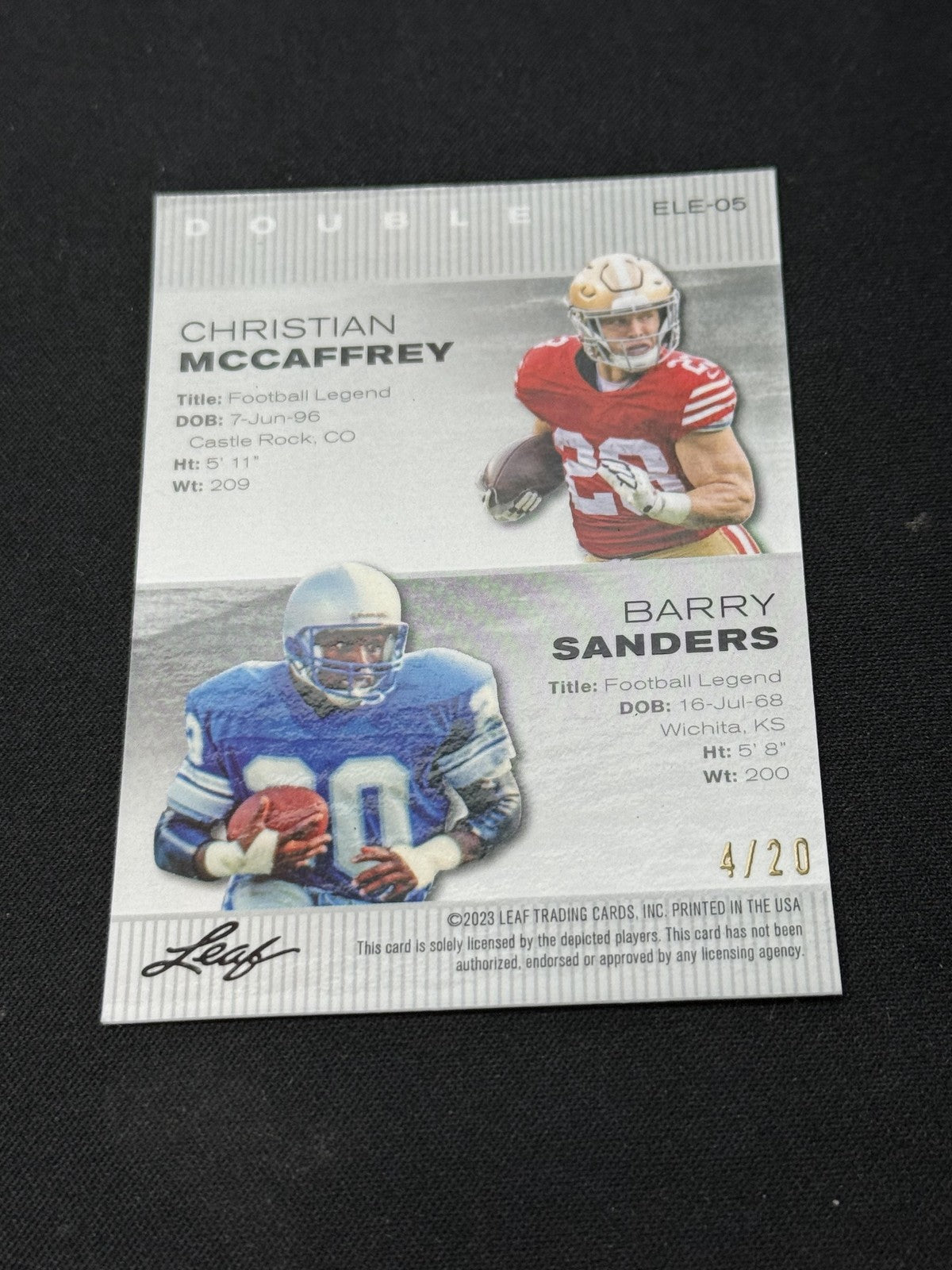 Christian McCaffrey Barry Sanders 2023 LEAF Metal Dual Blue /20 RC