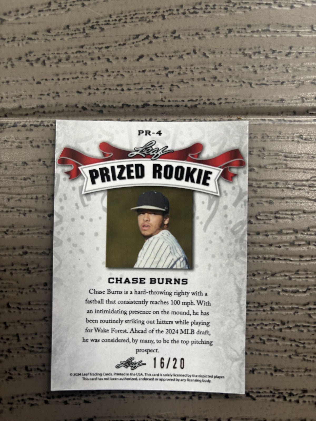 Chase Burns 2024 Leaf Prized Rookie Metal Blue /20 RC Reds