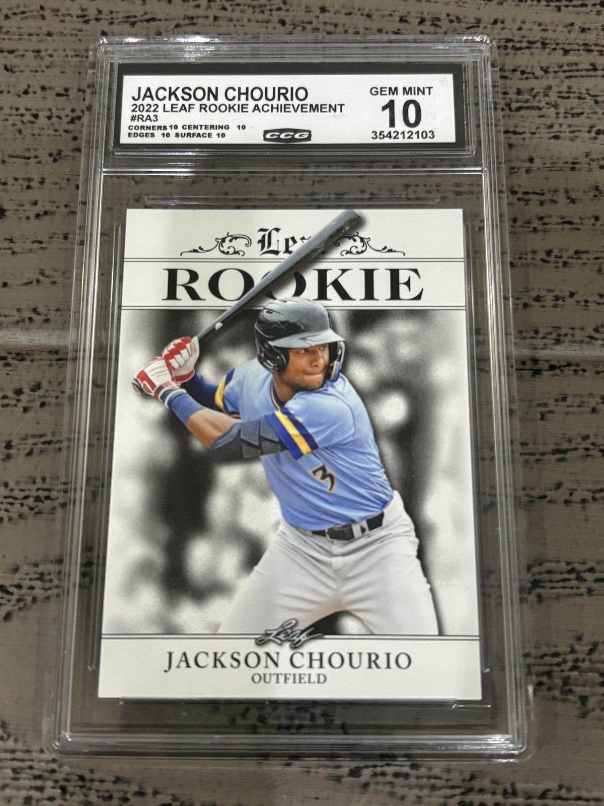 Jackson Chourio 2022 Leaf Rookie Achievement CCG 10 RC
