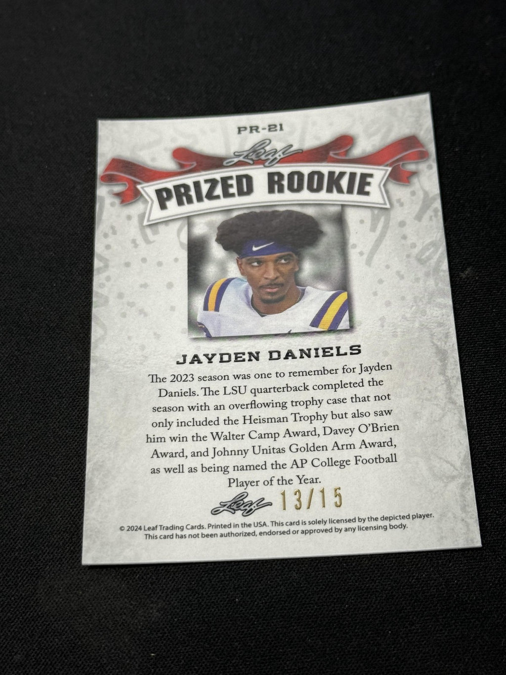 Jayden Daniels 2024 LEAF Prized Metal Rookie Purple /15 RC Commanders