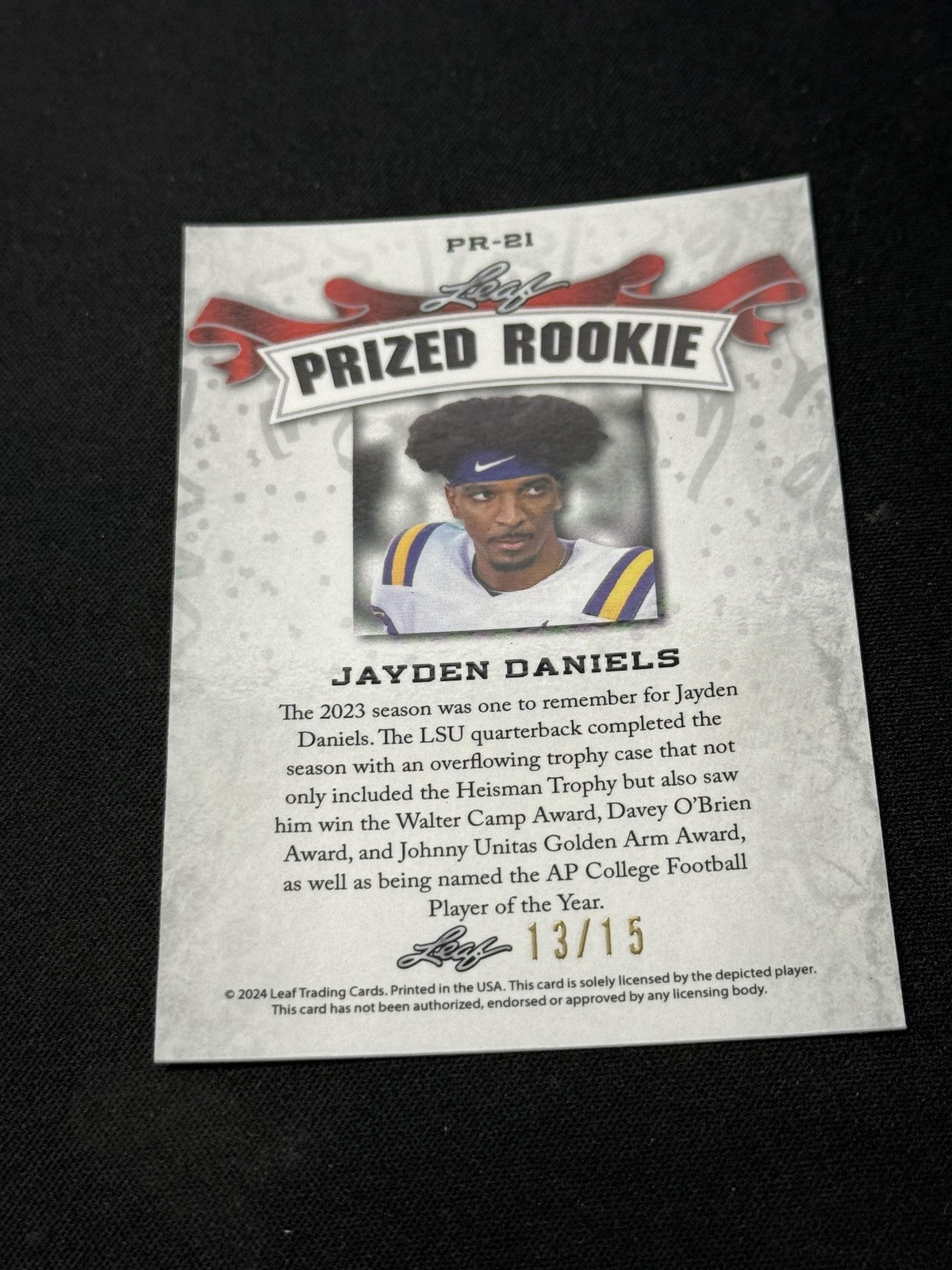 Jayden Daniels 2024 LEAF Prized Metal Rookie Purple /15 RC Commanders