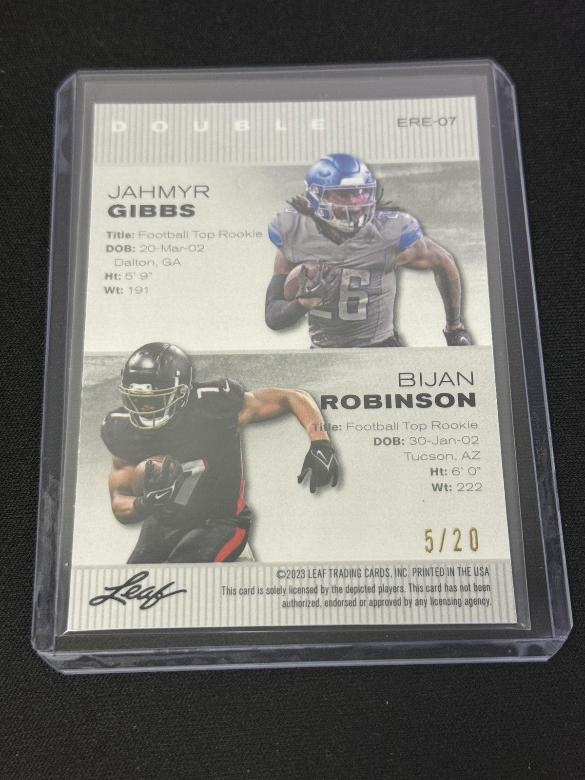 Jahmyr Gibbs Bijan Robinson 2023 Leaf Dual Blue /20 RC