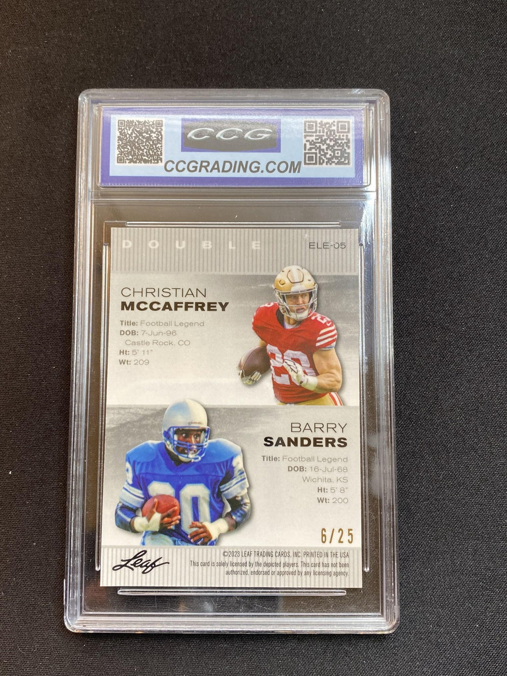 Christian McCaffrey/Barry Sanders Leaf Metal Laser Silver #/25 CCG 10