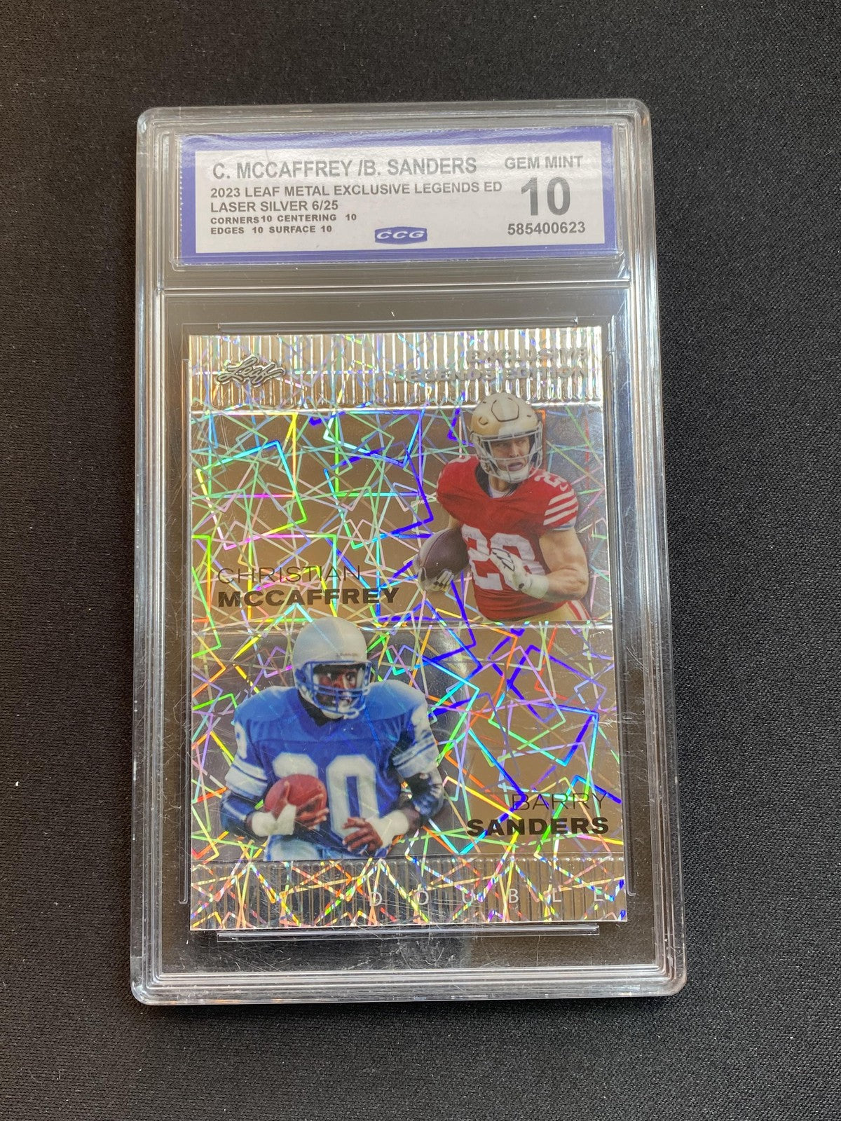 Christian McCaffrey/Barry Sanders Leaf Metal Laser Silver #/25 CCG 10