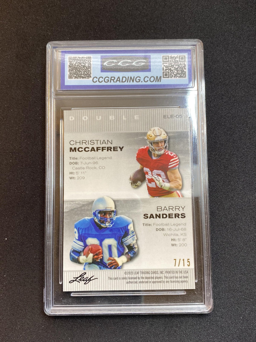 Christian McCaffrey/Barry Sanders Leaf Metal Legends Laser Purple #/15 CCG 10