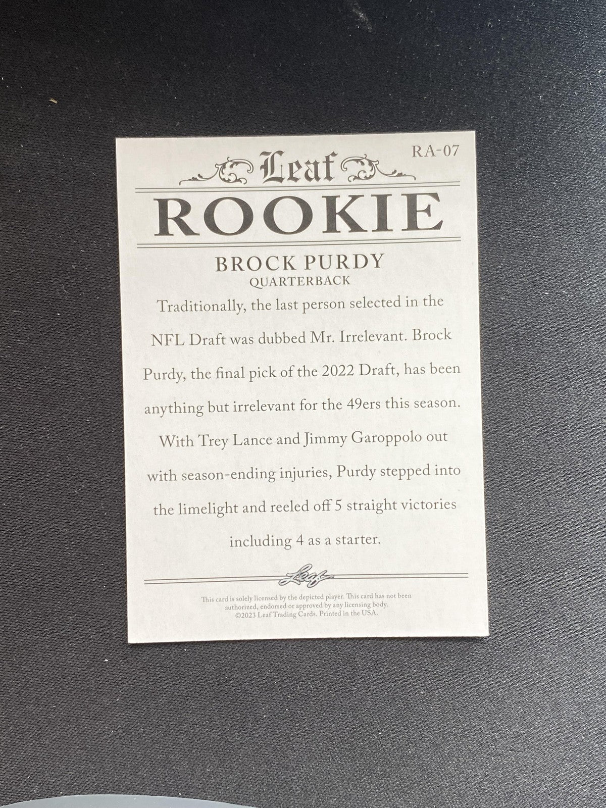 Brock Purdy 2023 Leaf Rookie RA07 RC 10 Count Lot