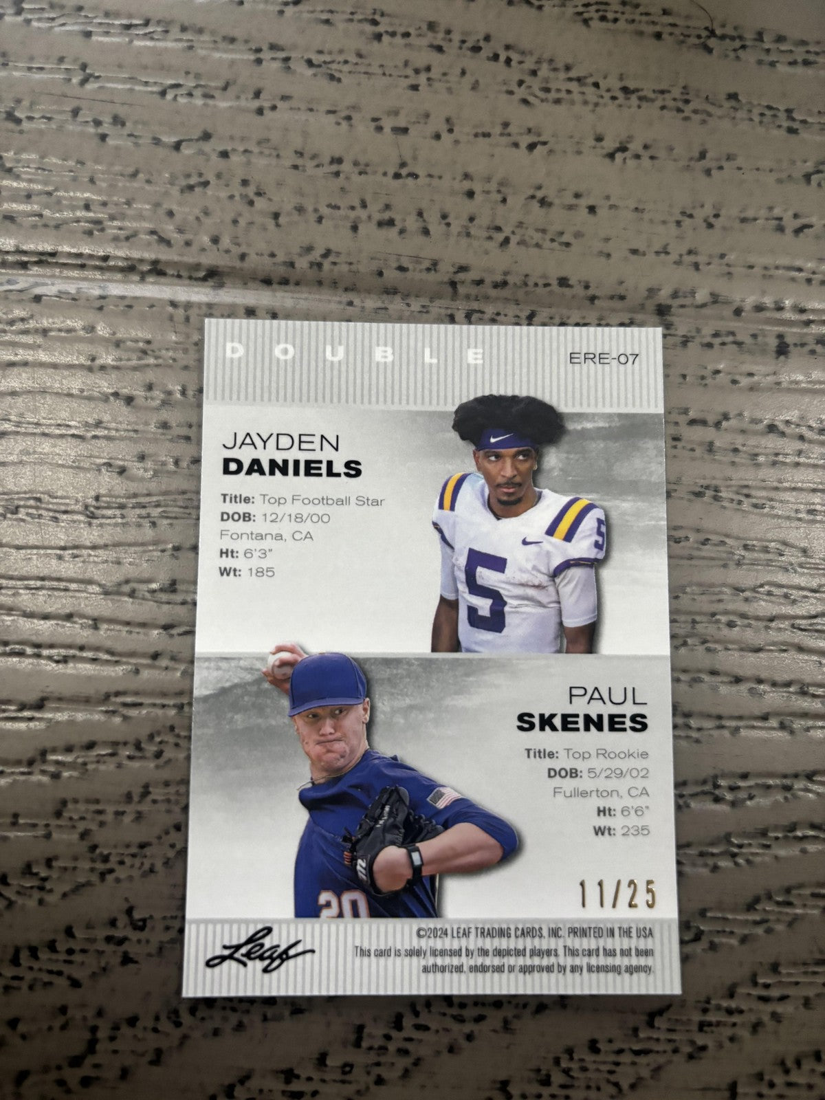 Jayden Daniels / Paul Skenes 2024 Leaf Duo Metal Blue /20 RC LSU