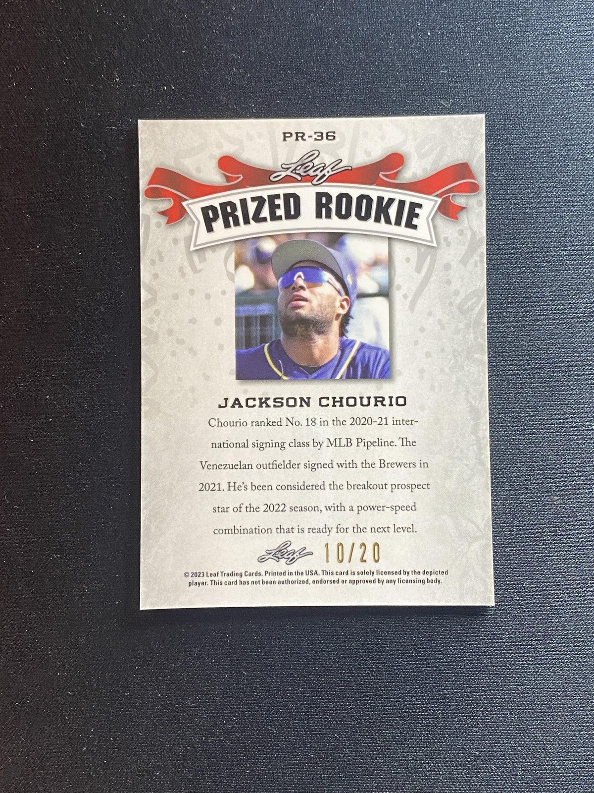 Jackson Chourio 2023 Leaf Metal Prized Rookie Blue #/20 RC
