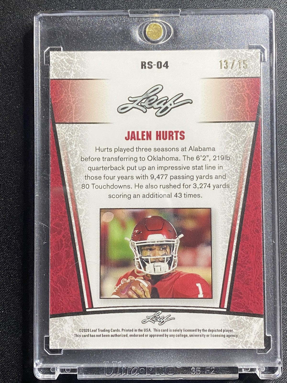 Jalen Hurts 2020 Leaf Metal Rookie RS04 Purple /15 RC
