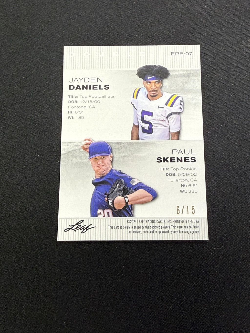 Jayden Daniels / Paul Skenes 2024 Leaf Dual Metal Purple /15 RC LSU