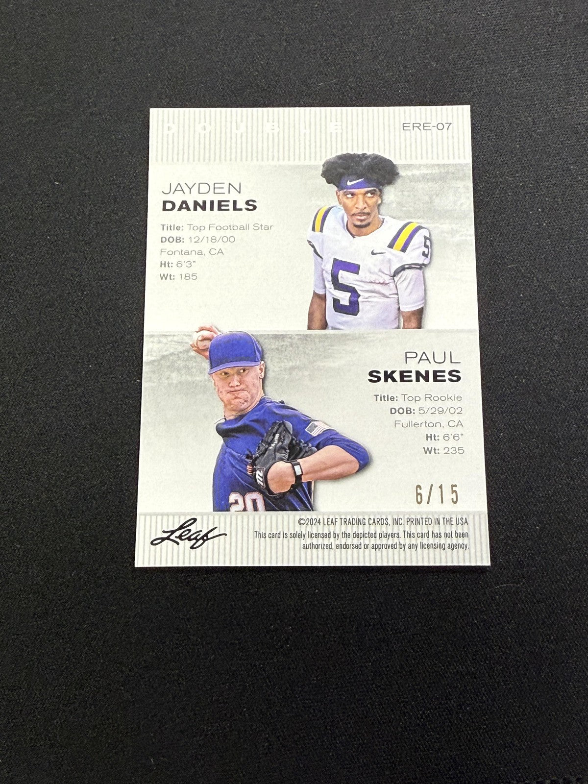 Jayden Daniels / Paul Skenes 2024 Leaf Dual Metal Purple /15 RC LSU