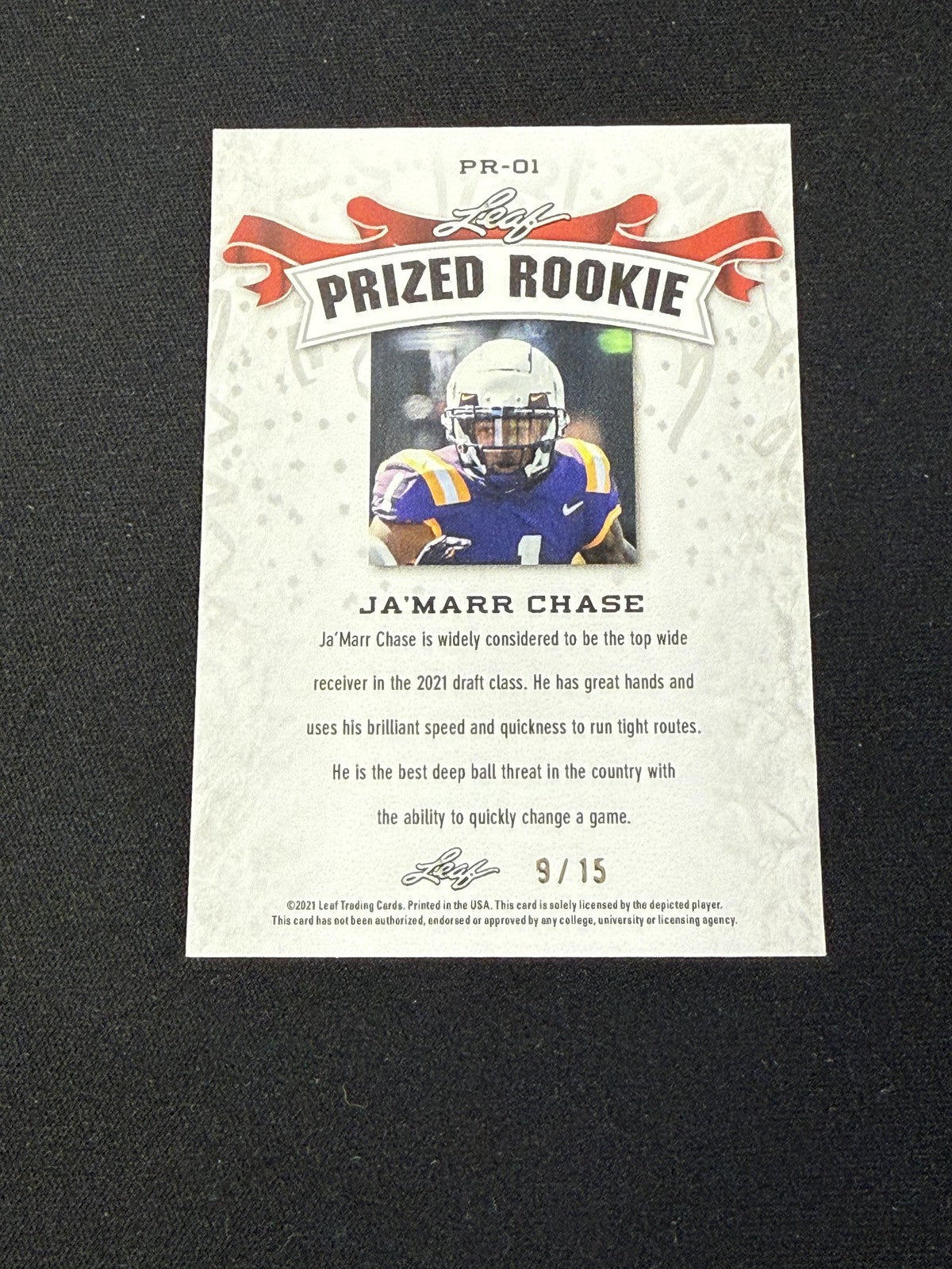 Ja'Marr Chase 2021 Leaf Prized Rookie Purple /15 RC Cincinnati Bengals
