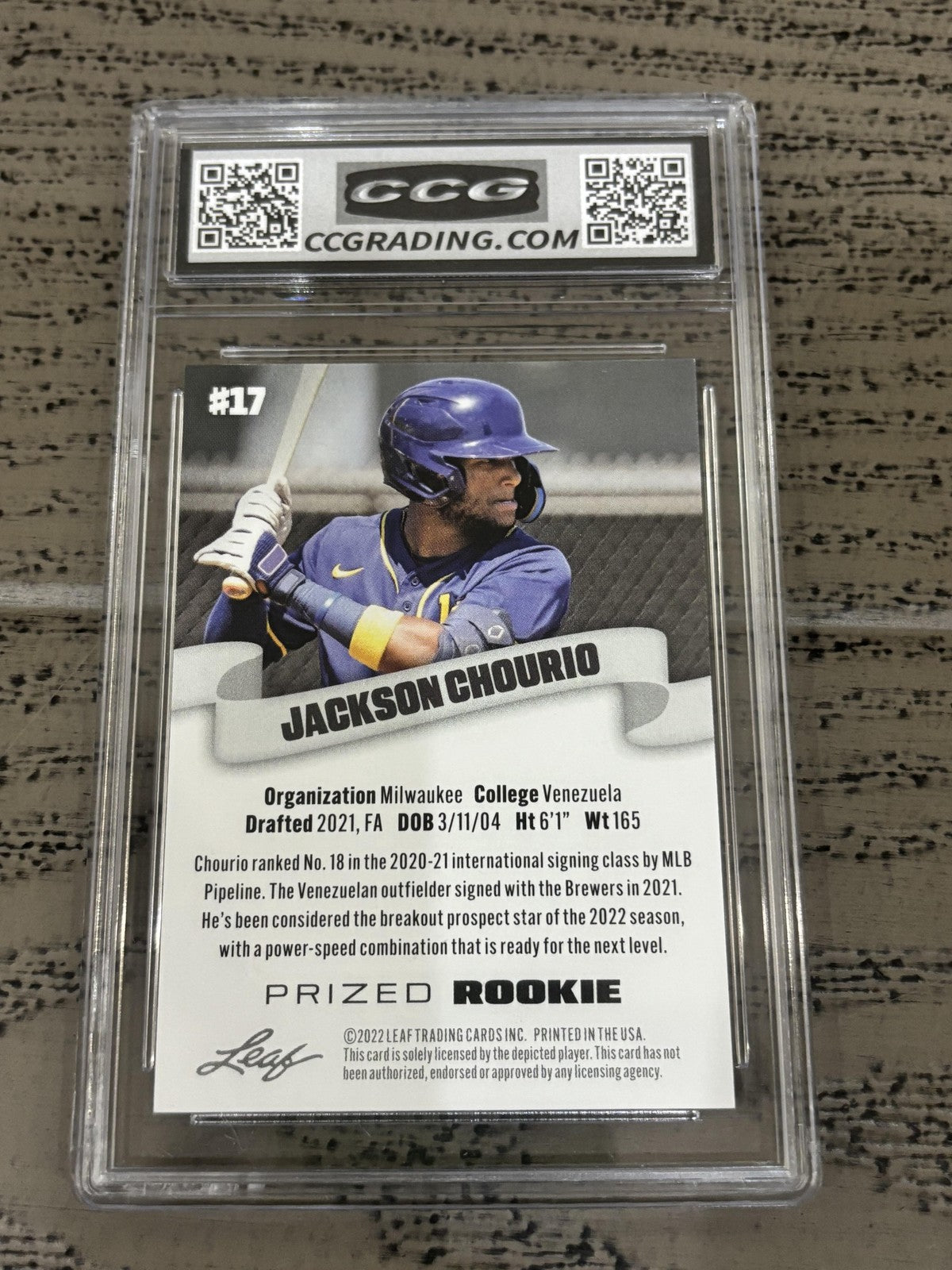 Jackson Chourio 2022 Leaf Prized Rookie CCG 10 RC