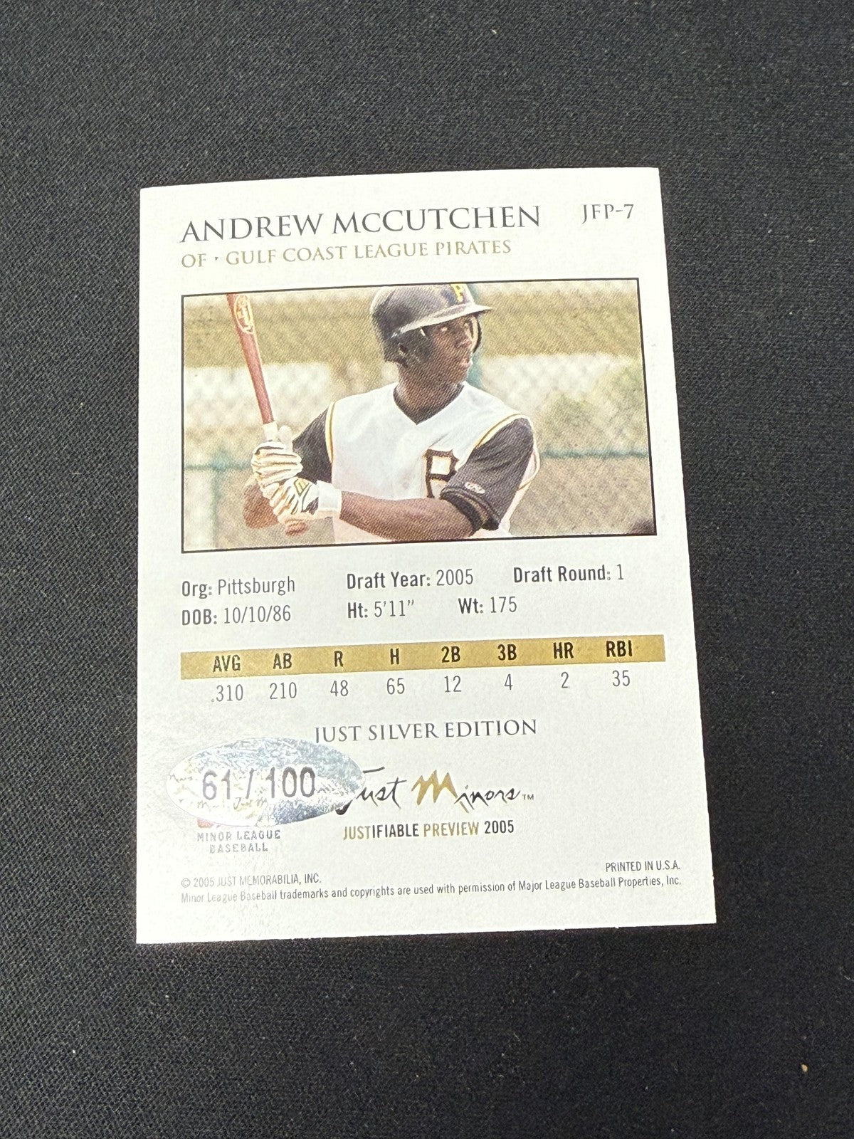 Andrew McCutchen 2005 Just Minors Autographs /100 RC Pirates
