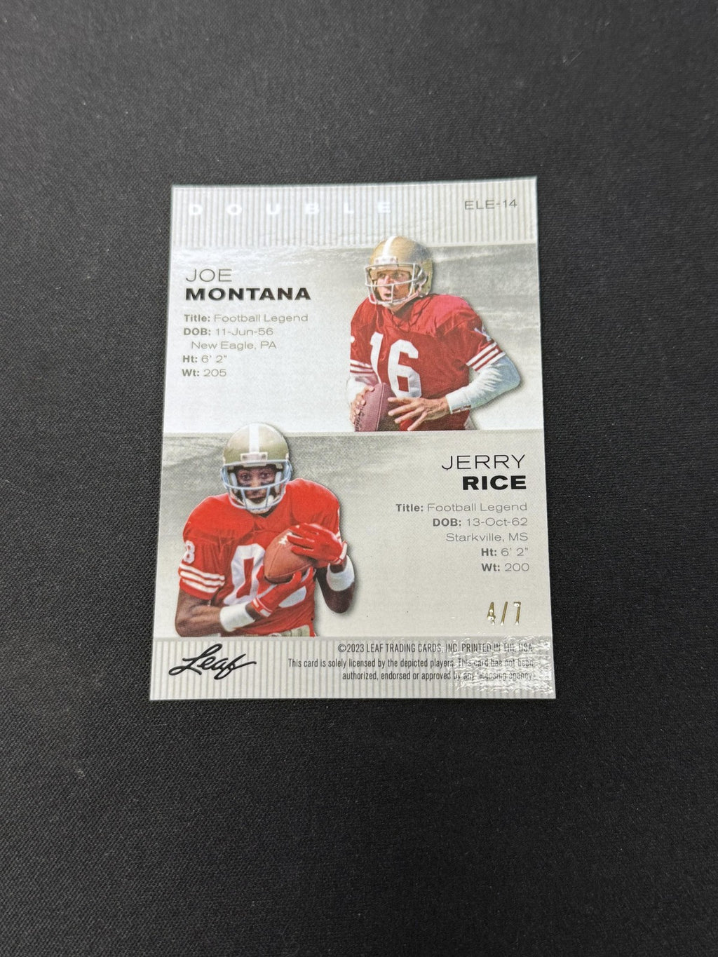 Jerry Rice Joe Montana 2023 LEAF Dual Metal Black /7 RC 49ers