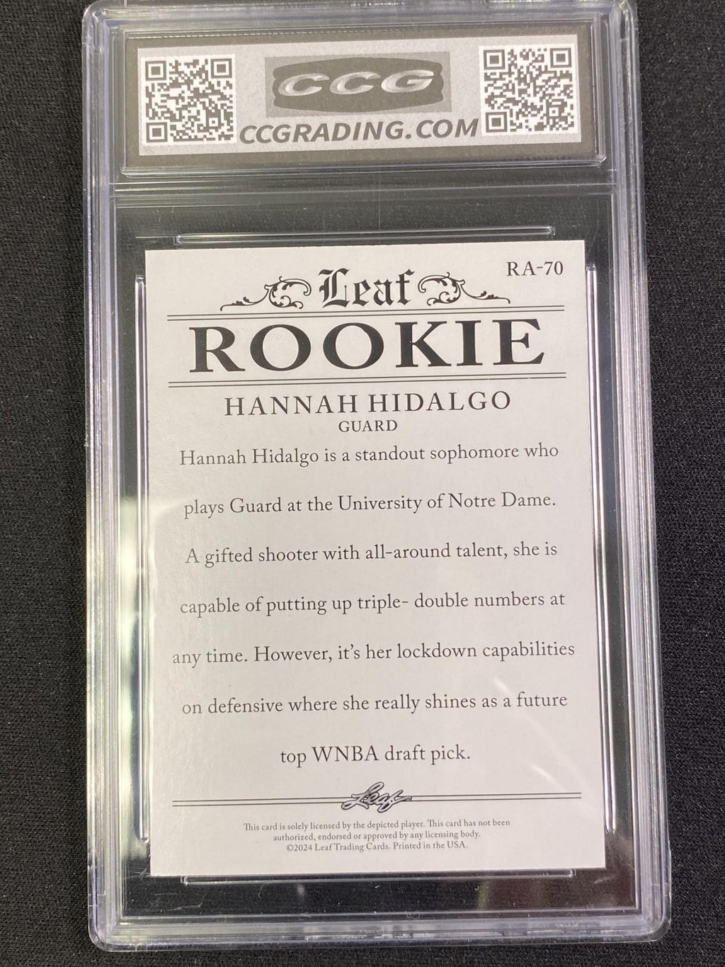 Hannah Hidalgo 2024 Leaf Rookie Achievement CCG 10 Notre Dame Rookie