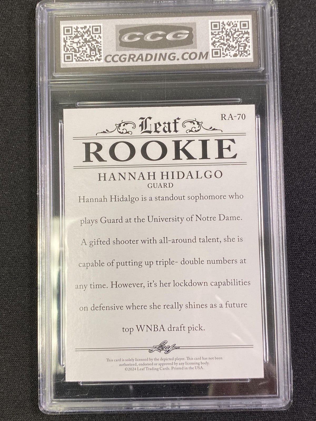 Hannah Hidalgo 2024 Leaf Rookie Achievement CCG 10 Notre Dame Rookie