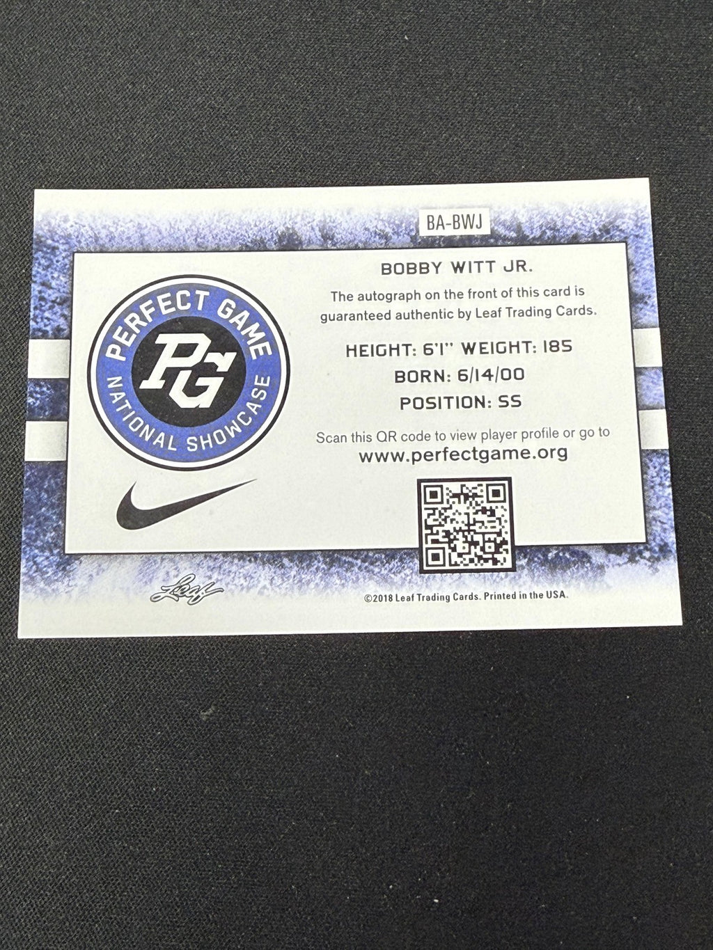 Bobby Witt Jr. 2018 Leaf Perfect Game National Showcase Autograph RC Royals