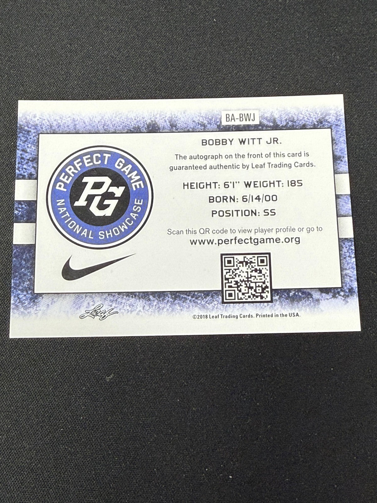 Bobby Witt Jr. 2018 Leaf Perfect Game National Showcase Autograph RC Royals