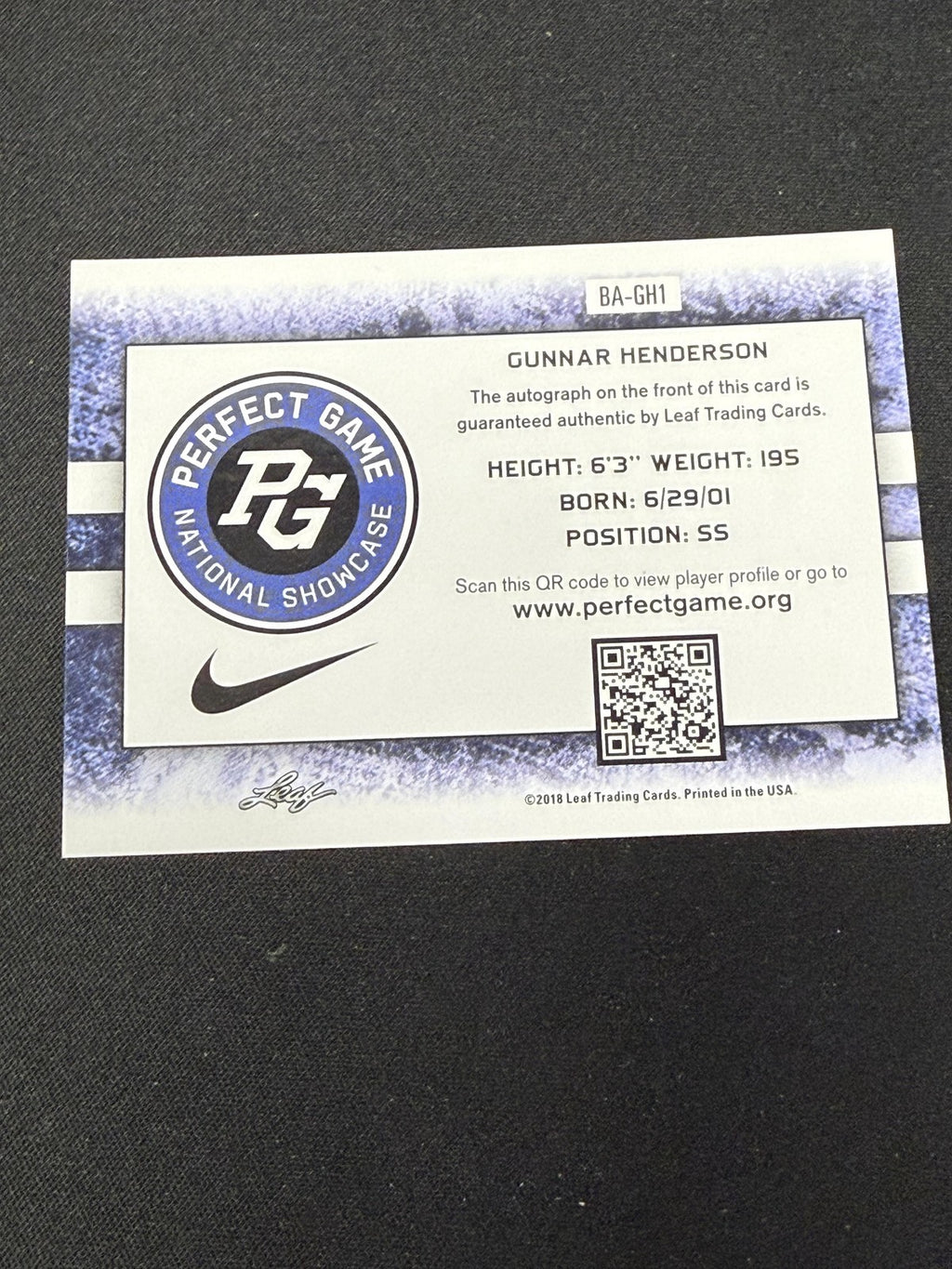 Gunnar Henderson 2018 Leaf Perfect Game National Showcase Autograph RC Orioles