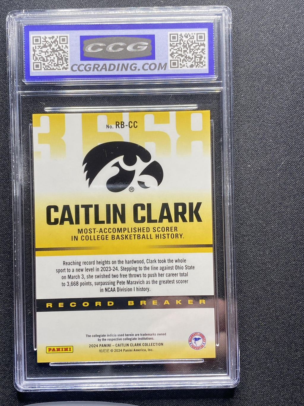 2024 Panini Caitlin Clark Collection RBCC Chrome Record Breaker CCG 10 RC
