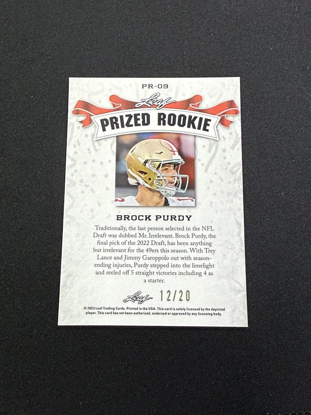 Brock Purdy 2023 Leaf Prized Metal Rookie Blue /20 RC 49ers