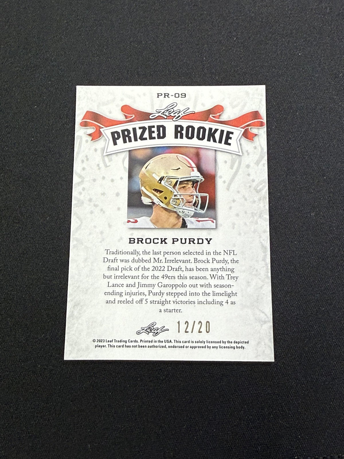 Brock Purdy 2023 Leaf Prized Metal Rookie Blue /20 RC 49ers