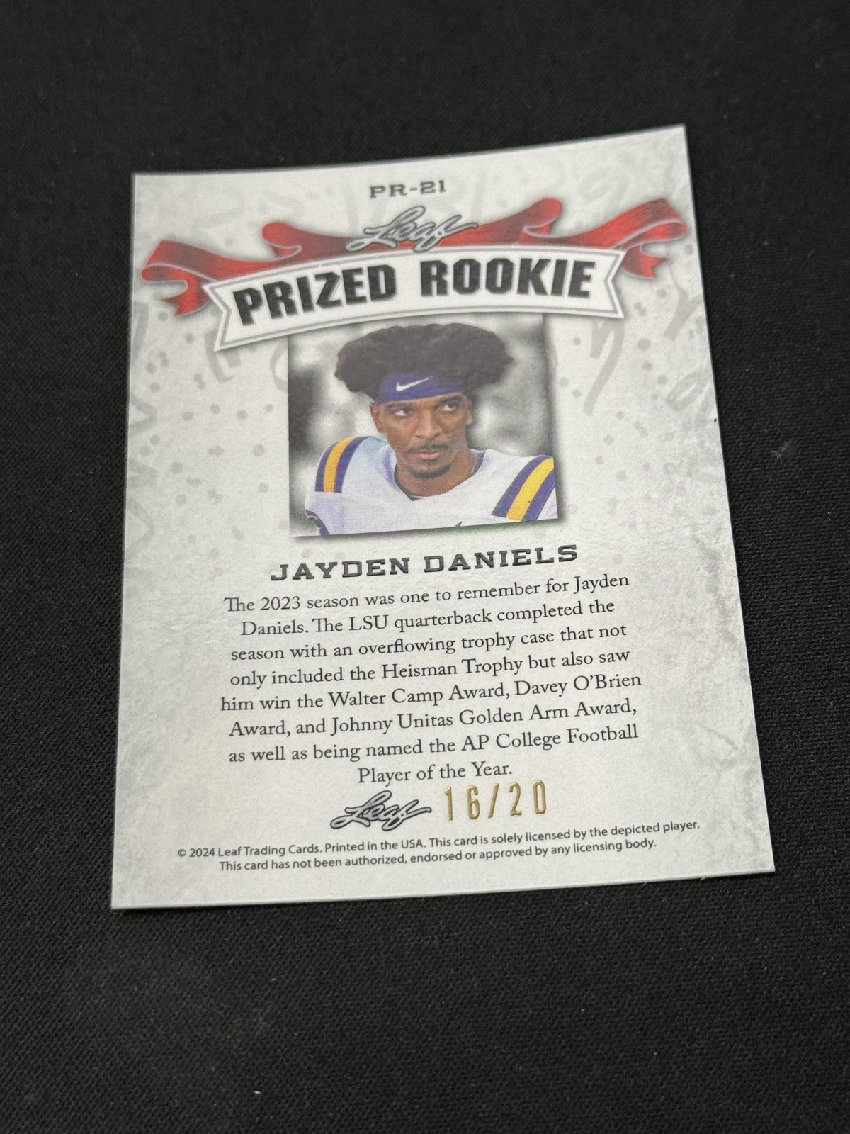 Jayden Daniels 2024 LEAF Prized Metal Rookie Blue /20 RC Commanders