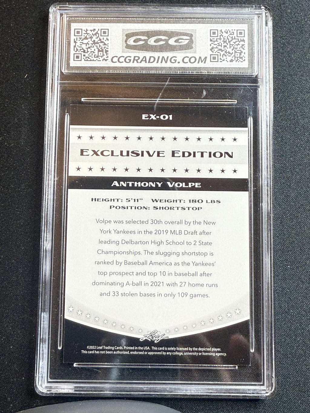 Anthony Volpe 2022 Leaf Exclusive Edition CCG 9.5 RC
